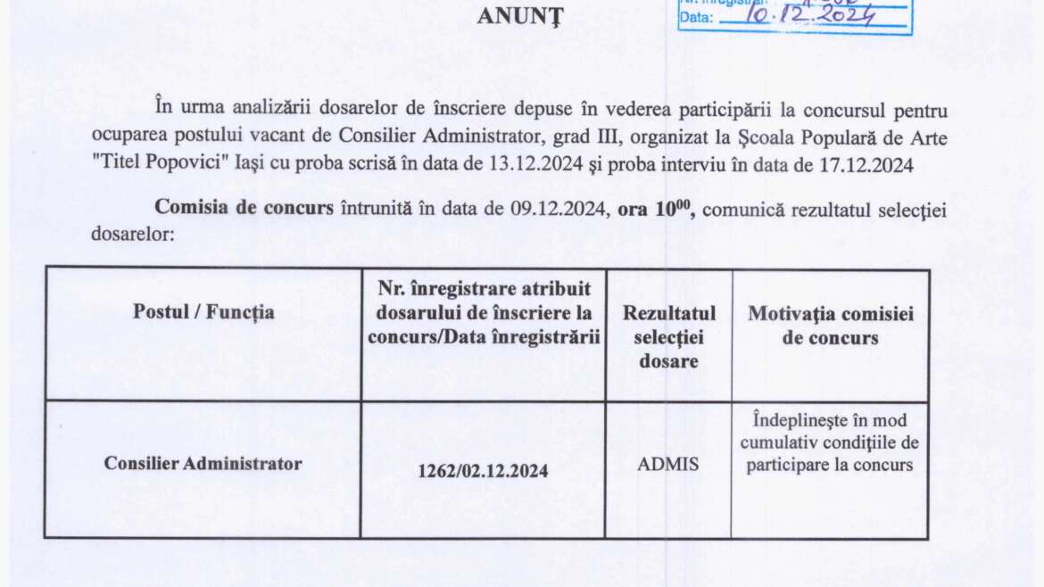 Rezultate selectie de dosare concurs administrator