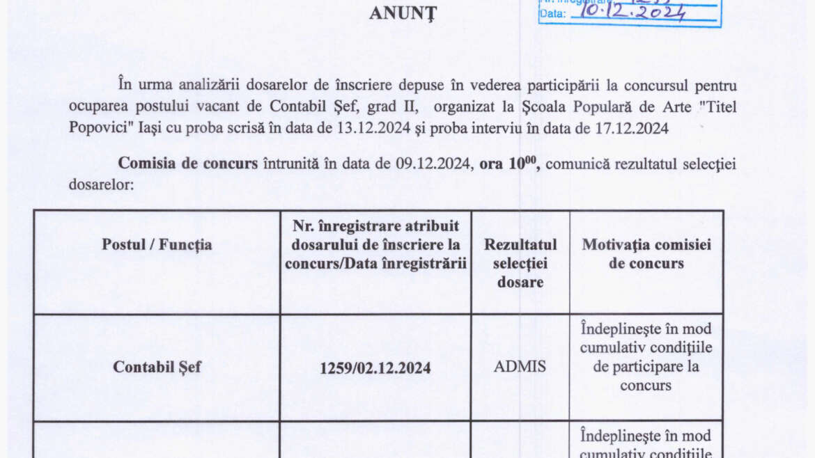Rezultat selectie dosare concurs contabil sef