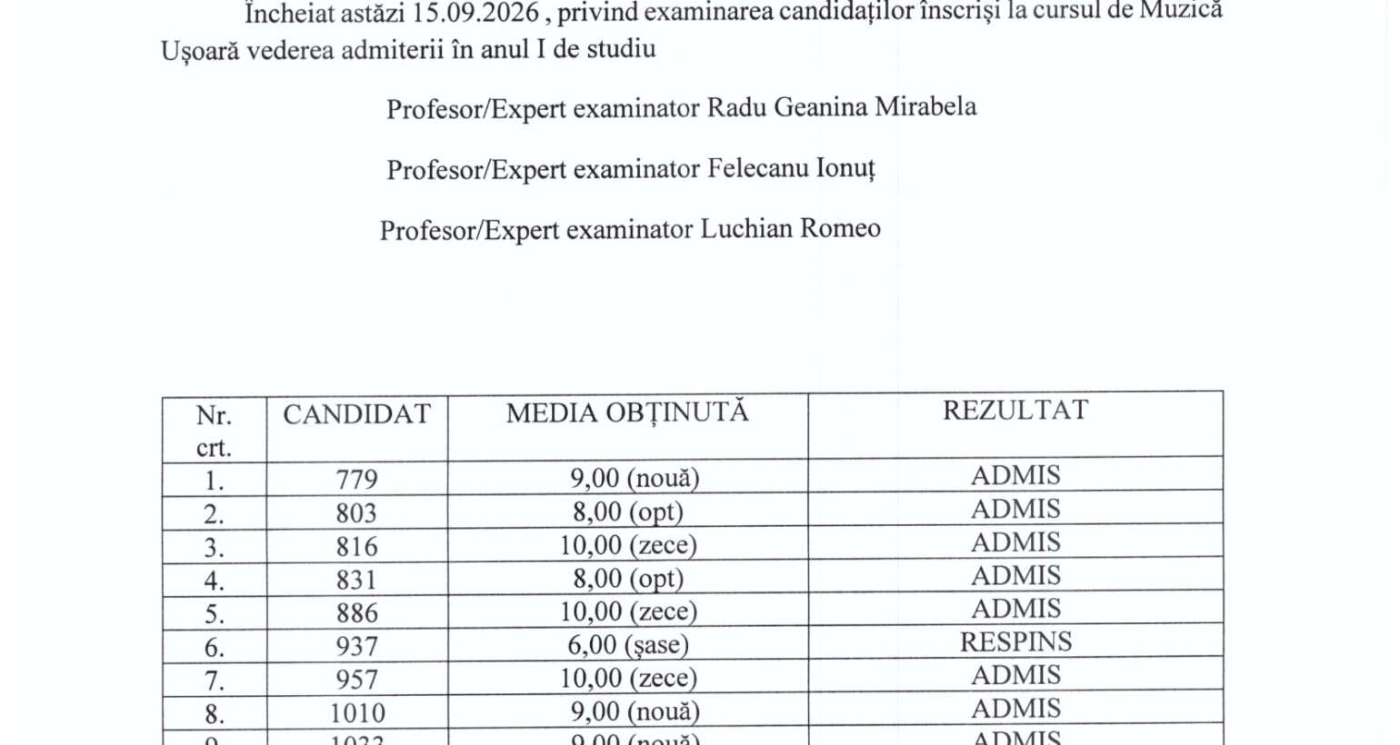 REZULTATE TESTĂRI APTITUDINI 2026